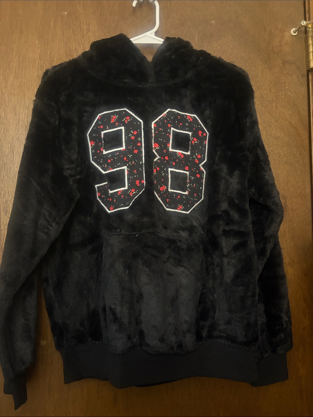 No Boundaries Black Faux-Fur Hoodie with Red Floral '98 Appliqué